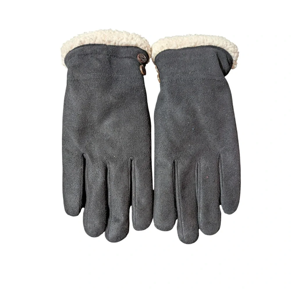 Womens Black Faux Suede Winter Gloves Faux Shearling Trim Button Detail Cozy